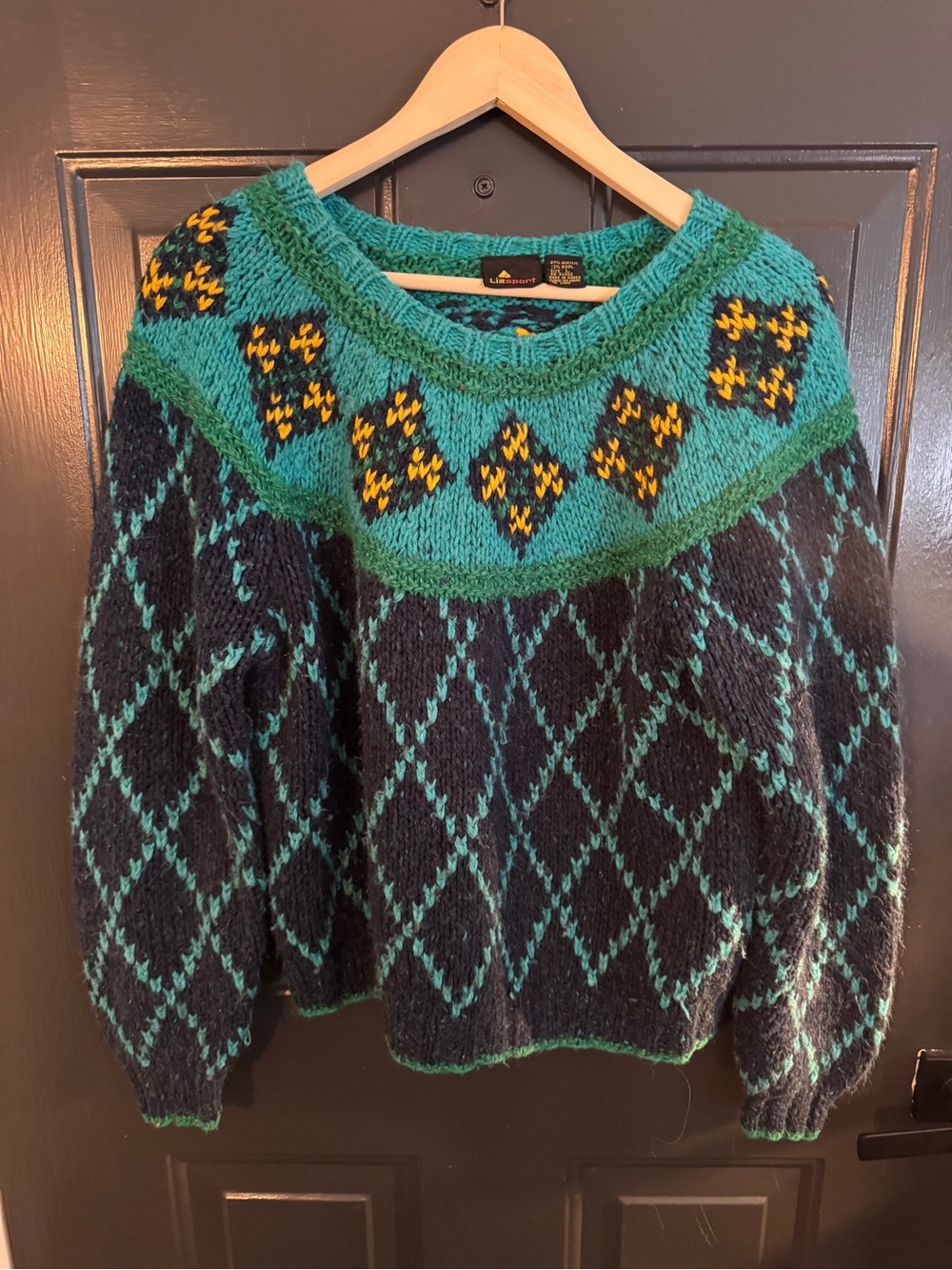Wool Patterned Crewneck Sweater in Teal and Black Liz Claiborne